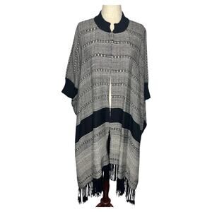 Apiece Apart Women's Poncho Cape Sweater OSFA Black White Alpaca Wool Fringe